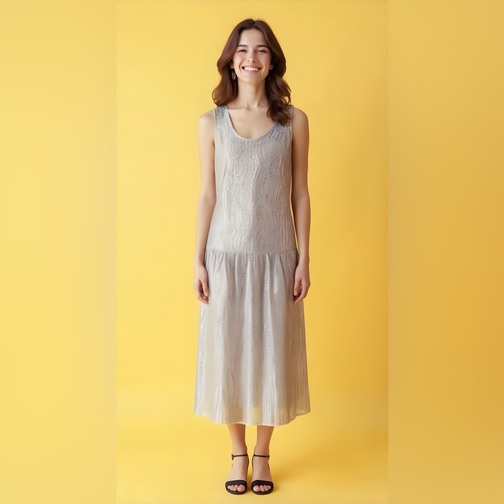 BCBG MAXAZRIA RUNWAY Sample Piece. Sparkle Silver Slip Dress w/ Long Hem.